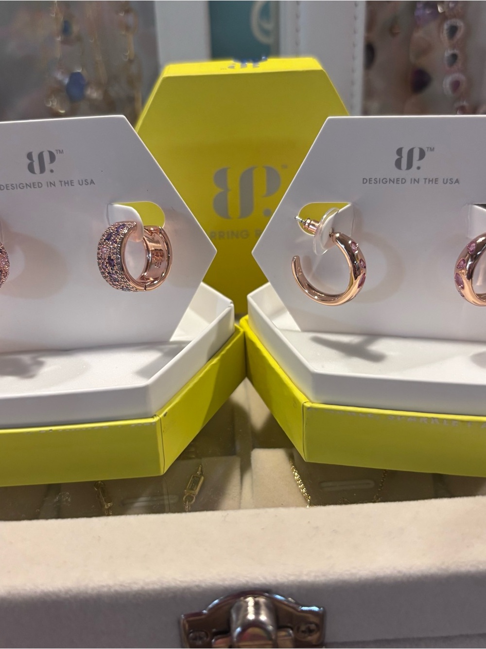 BP Rose Gold Huggie Earrings with Pavé Accent & Pink Corundum Earrings